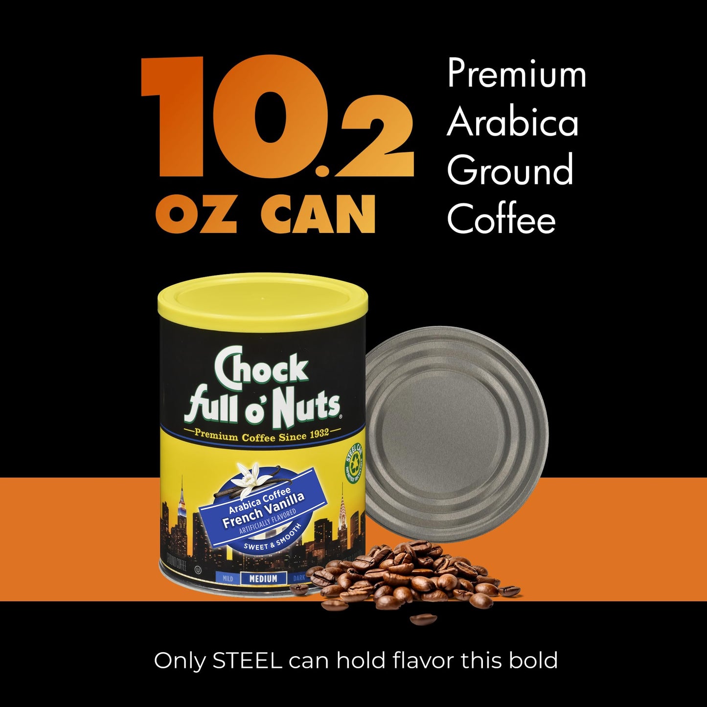 Chock Full o' Nuts French Vanilla Ground Coffee – Premium Beans in Recyclable Steel Can – Rich Flavor & Aroma, Medium Roast – Perfect for Drip, Pour-Over, Percolator – 10.2 Oz Can