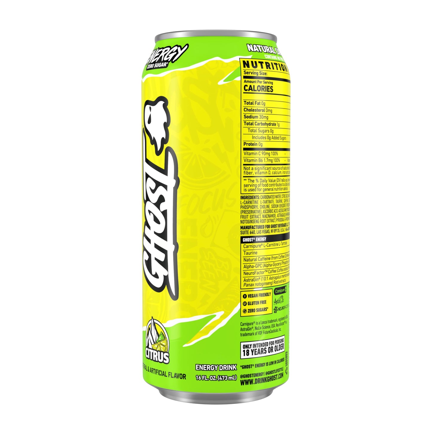 GHOST Energy Drink - Single Can, Citrus 16oz - Energy & Focus & No Artificial Colors - 200mg Natural Caffeine, L-Carnitine & Taurine - Gluten-Free & Vegan