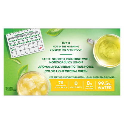 Lipton Lemon Green Tea Bags, Flavored, Unsweetened Teabags for Hot Tea or Iced Tea with Caffeine and Flavonoids, 20 Total Tea Bags
