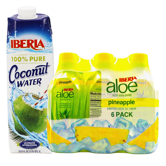 Iberia Coconut Water, 33.8 fl oz + Iberia Aloe Vera Juice Drink With Aloe Pulp, Pineapple, 9.5 Fl Oz, Pack of 6