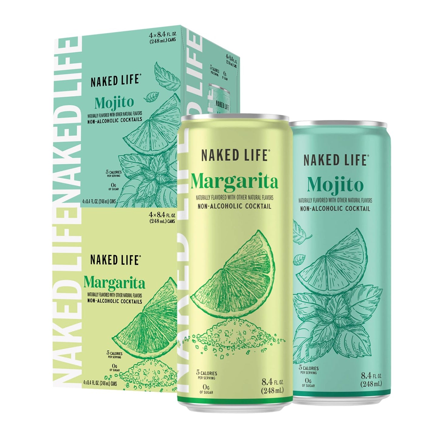 2 Pack Naked Life Non-Alcoholic Drinks, Margarita & Mojito Bundle, Zero Sugar, Low Calorie, Alcohol-Free Cocktails, Margarita Pack Of 4 + Mojito Pack Of 4 (8.4 Fl Oz)