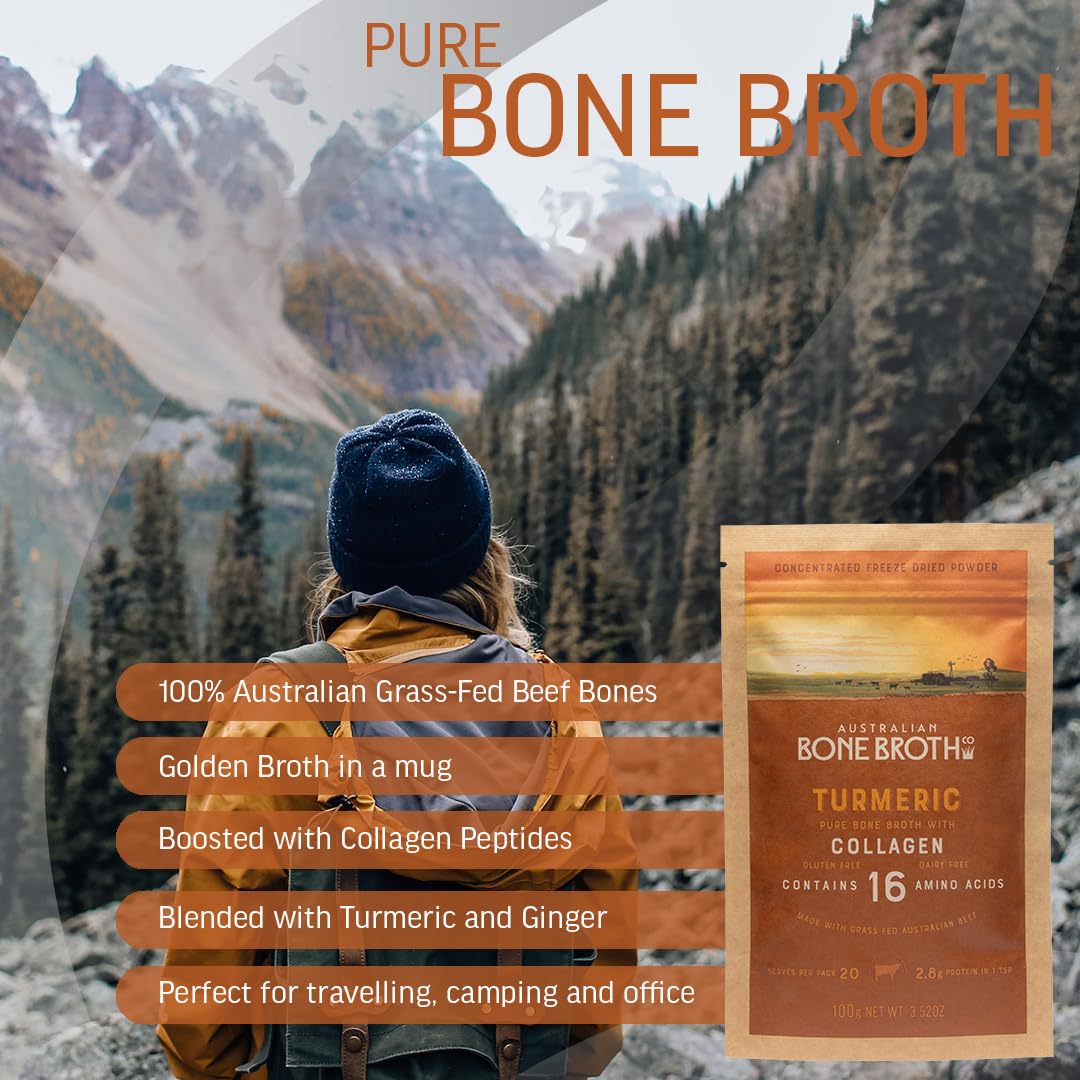 ABBCo Australian Beef Bone Broth Powder with Turmeric, Collagen Peptides - Support Bone Health, Enhance Energy & Mood, Aid Digestion - Gluten & Dairy Free, No Preservatives - 100g