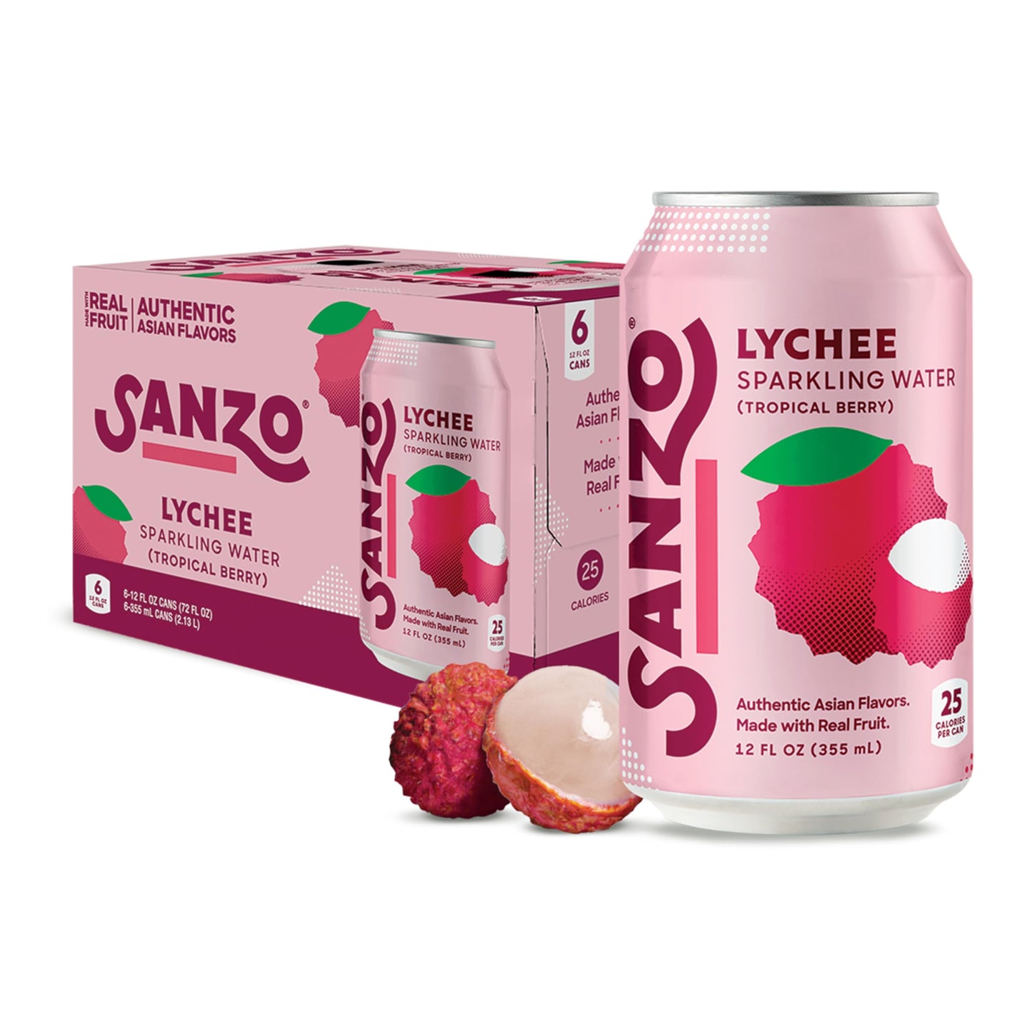 Sanzo Flavored Sparkling Water - Tropical Berry Seltzer (Lychee) - Low Calorie Low Sugar - Craft Asian Drinks - Vegan Gluten Free Carbonated Flavored Water - Fizzy Healthy Drinks - 12oz, 6 Pack