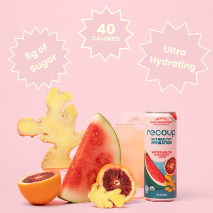Recoup Organic Sparkling Prebiotic Drink - Ginger with Electrolytes for Gut Health Support & Hydration, No Added Sugar ((Pack of 12), Watermelon Blood Orange + Ginger)