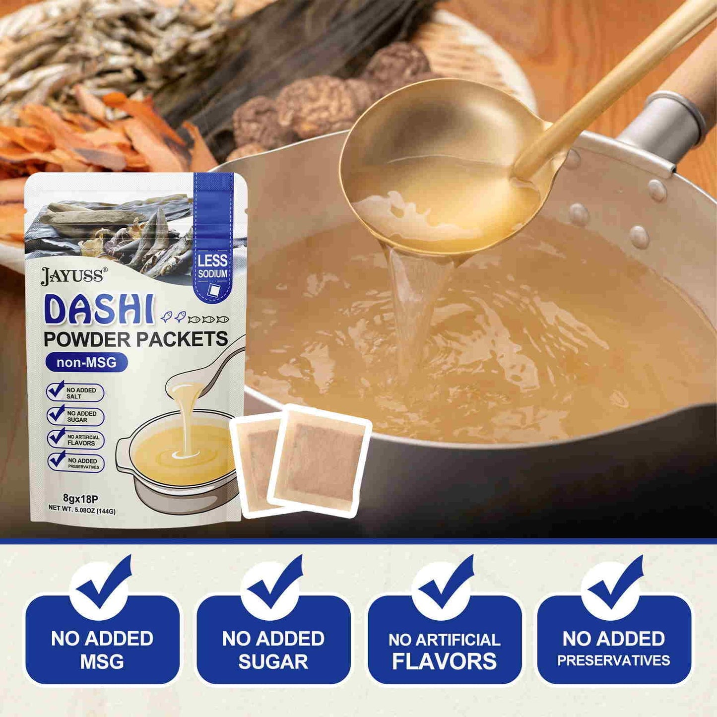 JAYUSS Japanese Dashi Packet, Traditional Dashi Soup Stock 8g×18pacs, No MSG, No Additives 5 Natural Ingredients Perfect Base for Soups, Stews, Stir-fries 5.08 Oz