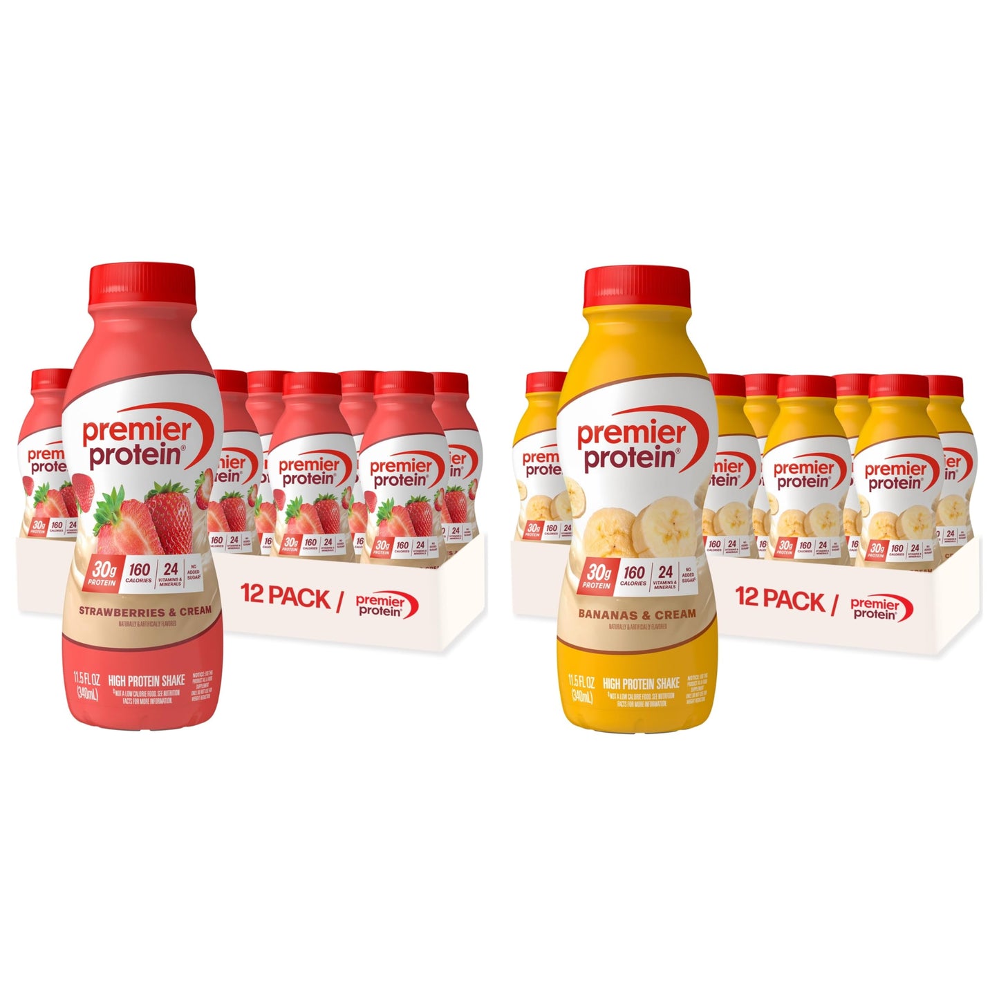 BUNDLE: Premier Protein Shake, Strawberries & Cream (12 Pack) + Bananas & Cream (12 Pack), 30g Protein, 11.5 Fl Oz (24 Shakes Total)