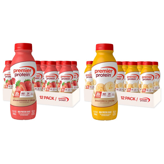 BUNDLE: Premier Protein Shake, Strawberries & Cream (12 Pack) + Bananas & Cream (12 Pack), 30g Protein, 11.5 Fl Oz (24 Shakes Total)