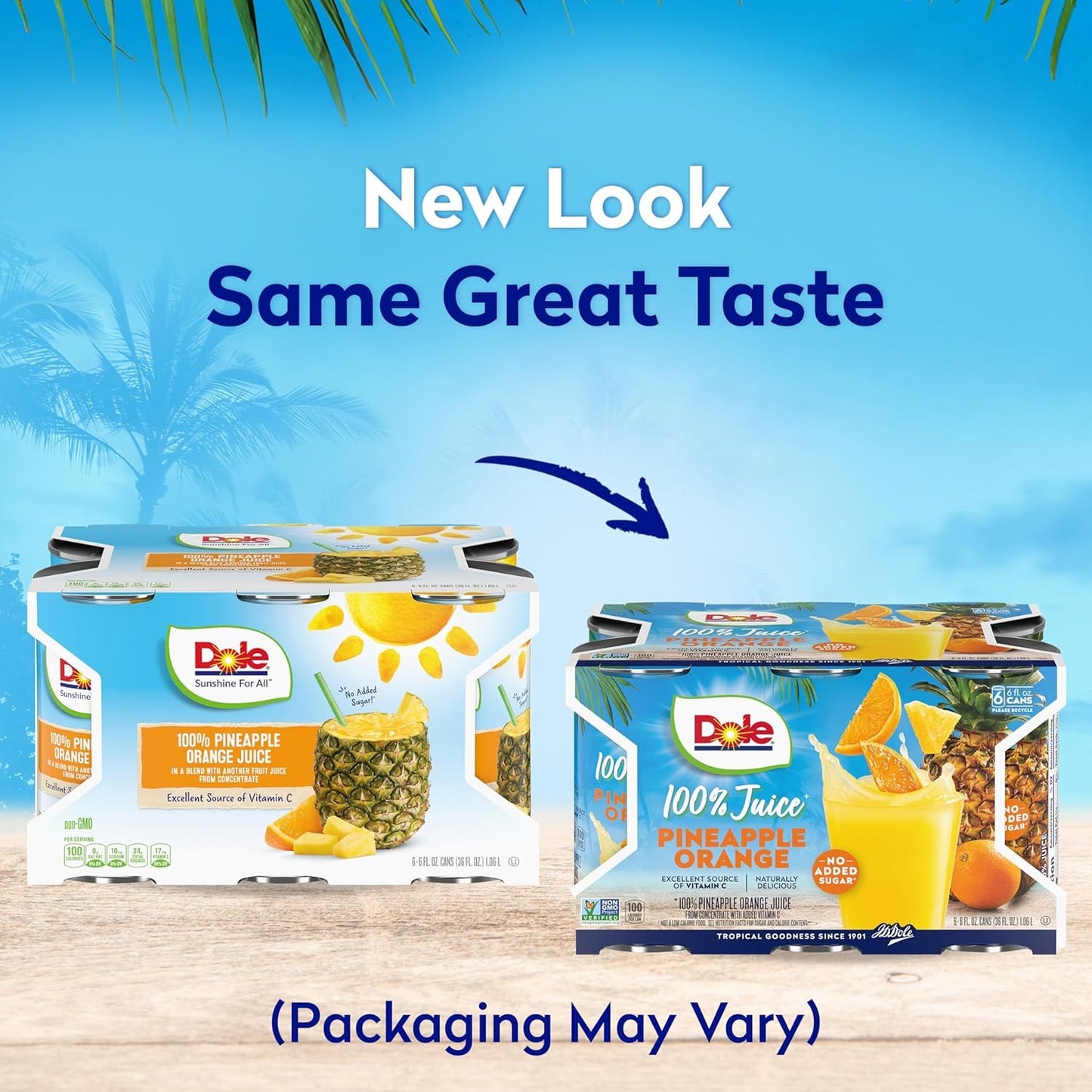Dole 100% Pineapple Orange Juice, No Added Sugar, Excellent Source of Vitamin C, 100% Fruit Juice, 6 Fl Oz (Pack of 6), Packaging May Vary
