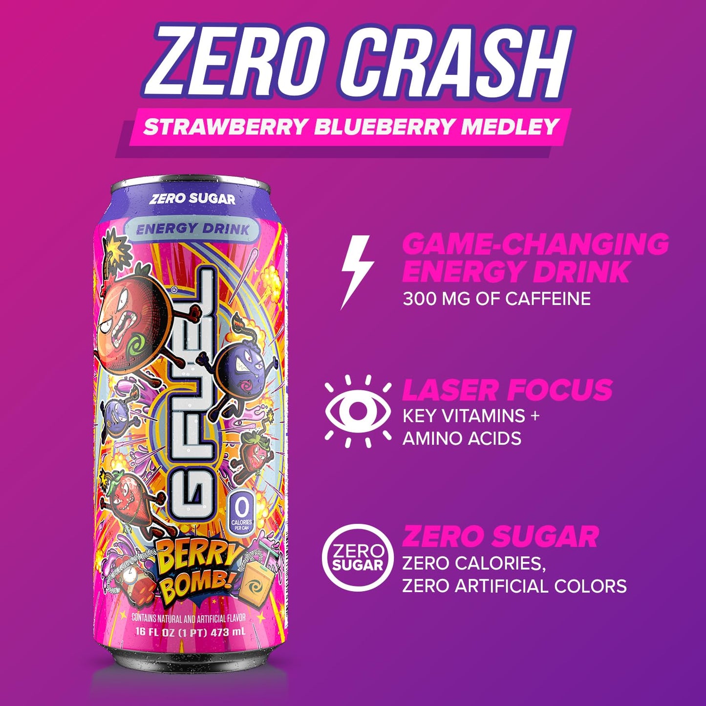 G Fuel Energy Drink, Berry Bomb, Sugar Free Carbonated Beverage with 300mg Caffeine, Daily Energy Boost with Focus Amino, Vitamin + Antioxidants, 16 oz Cans (Berry Bomb, 12-Pack)