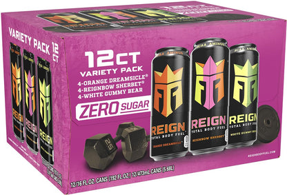 REIGN Total Body Fuel Variety Pack, Orange Dreamsicle, Reignbow Sherbet, White Gummy Bear, Fitness & Performance Drink, 16 Fl Oz (Pack of 12)