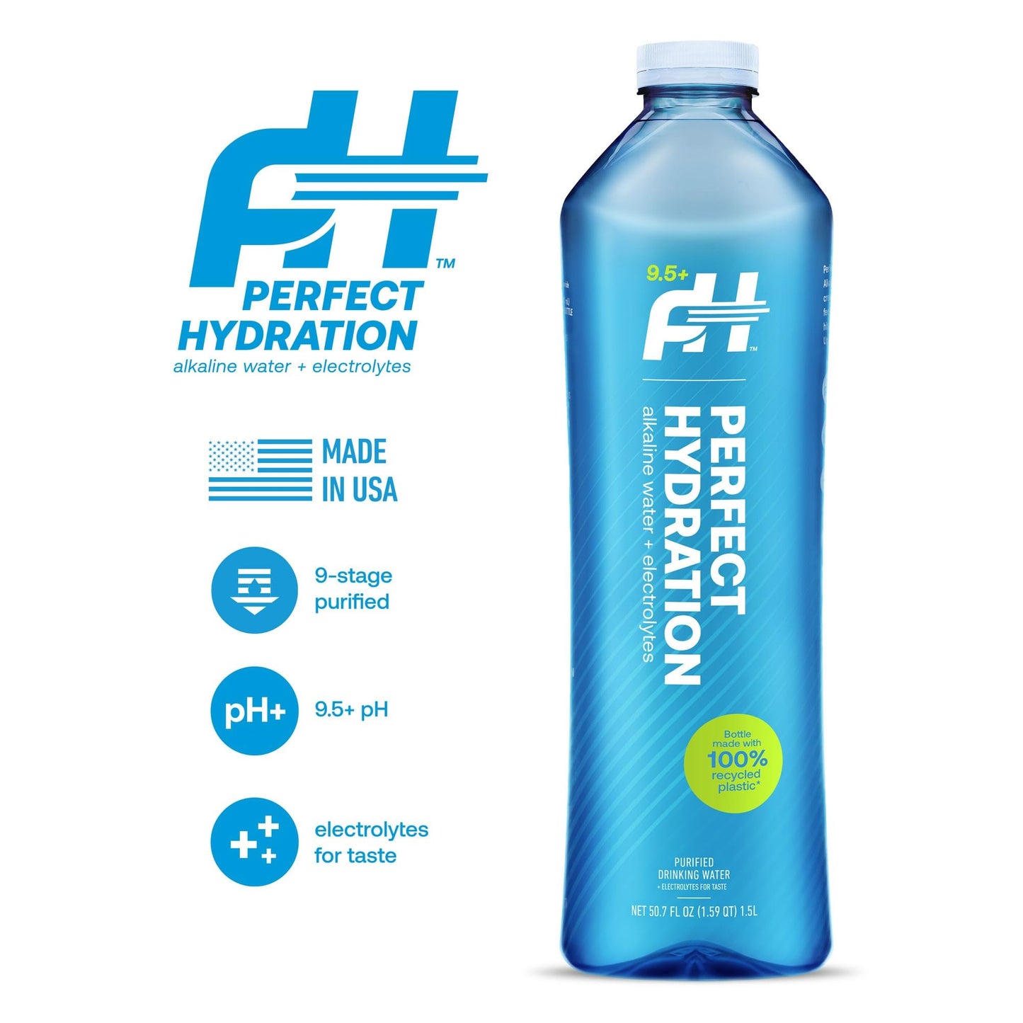 Perfect Hydration 9.5+ pH Alkaline Drinking Water, Made in the USA, 1.5-Liter Bottle, Case of 12, 3-Pack