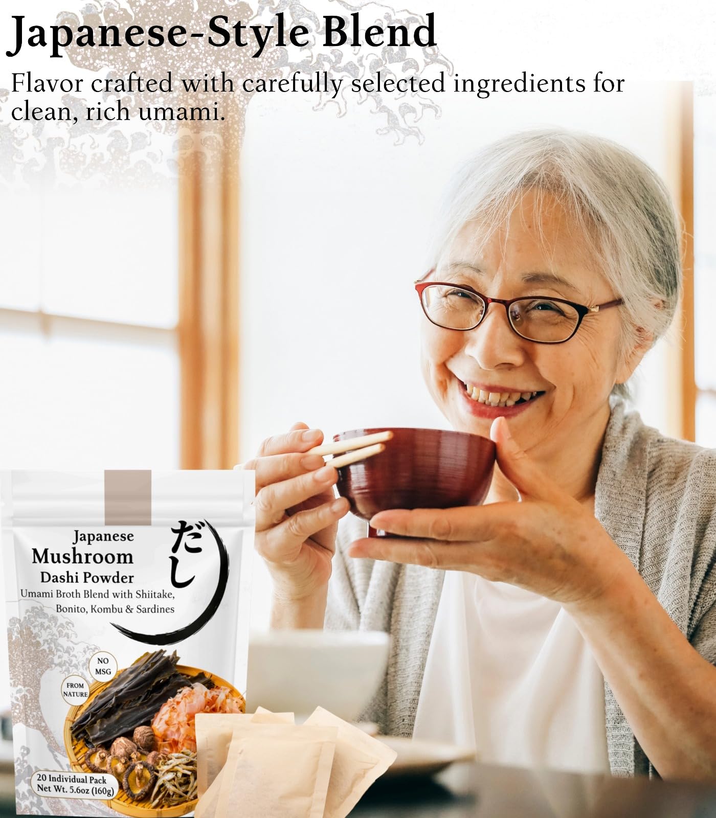 Japanese Mushroom Dashi Powder Soup Base - Natural Umami Dashi Soup Seasoning Stock with Shiitake, Bonito & Kombu, 20x8g Packs for Ramen, Udon, Miso Soup, Hot Pot(5.6oz)