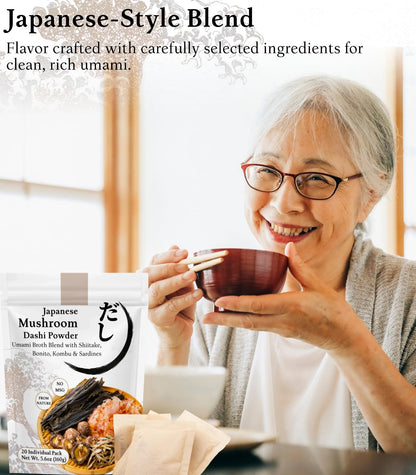 Japanese Mushroom Dashi Powder Soup Base - Natural Umami Dashi Soup Seasoning Stock with Shiitake, Bonito & Kombu, 20x8g Packs for Ramen, Udon, Miso Soup, Hot Pot(5.6oz)
