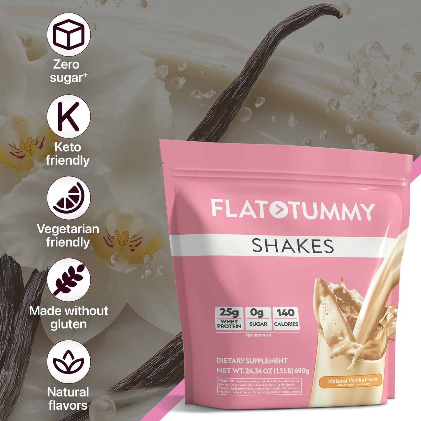 Flat Tummy Shakes - Vanilla, 20 Servings – Post GLP-1 Protein Supplement, High Protein, Zero Sugar, Keto-Friendly Meal Replacement with Clinically Studied Morosil®