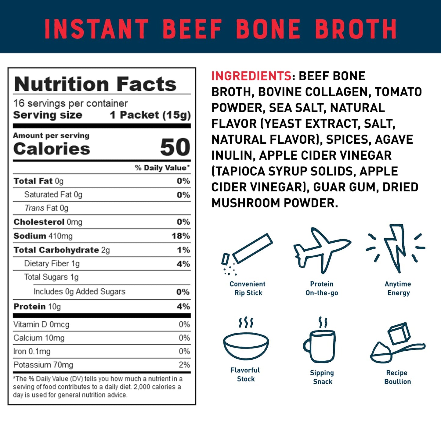 Bare Bones Beef Bone Broth Instant Powdered Mix Packets | 5g Collagen | 10g Protein | Keto & Paleo Friendly | No Artificial Flavors | Rich Savory on-the-go 16 Pack