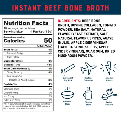 Bare Bones Beef Bone Broth Instant Powdered Mix Packets | 5g Collagen | 10g Protein | Keto & Paleo Friendly | No Artificial Flavors | Rich Savory on-the-go 16 Pack