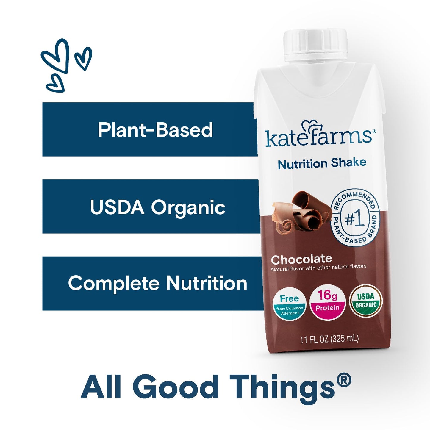 KATE FARMS Organic Nutrition Shake, Chocolate, 16g protein, 27 Vitamins and Minerals, Protein Meal Replacement Drink, Plant Based, 11 oz (6 Pack)