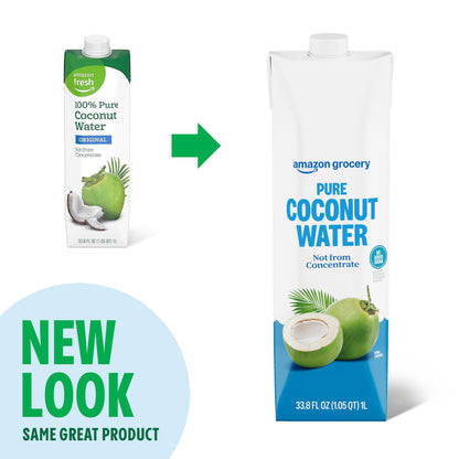 Amazon Fresh, 100% Pure Coconut Water Original, Not from Concentrate, 33.8 Fl Oz