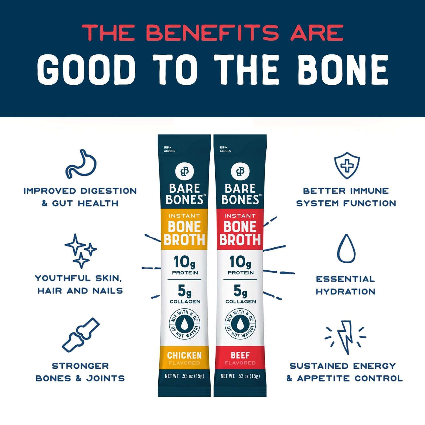 Bare Bones Bone Broth Instant Powdered Mix, Variety Pack, 8 Chicken and 8 Beef, 15g Sticks, 10g Protein, Keto & Paleo Friendly Bone Broth Packets, 16 Total Servings