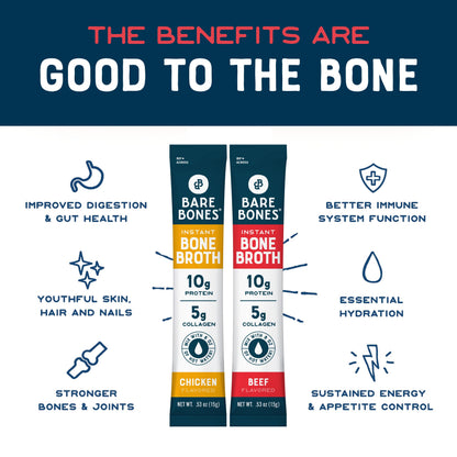 Bare Bones Bone Broth Instant Powdered Mix, Variety Pack, 8 Chicken and 8 Beef, 15g Sticks, 10g Protein, Keto & Paleo Friendly Bone Broth Packets, 16 Total Servings