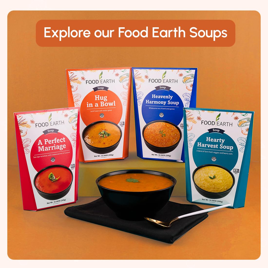Food Earth Hug in a Bowl Soup, Pack of 6 (300 g Each), Vegan & Gluten-Free, Ready-to-Eat Five Lentil Soup with Coconut Cream & Indian Spices, 10.58 oz Each