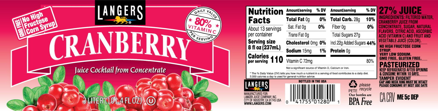 Langers Cranberry Variety Pack, Cocktail, Raspberry, Pineapple, Mango, 101.4 Fl Oz (Pack of 4)