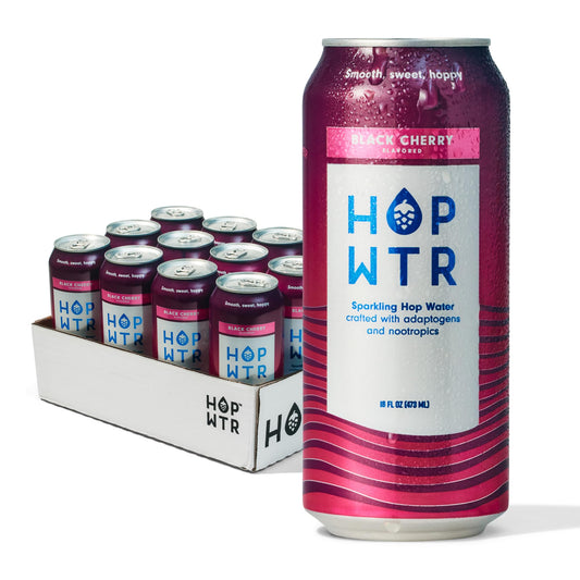 HOP WTR Sparkling Hop Water, Black Cherry 12 Pack, Sugar Free, Low Carb Non Alcoholic Drinks, NA Beer, Adaptogen Drink, No Calories, Adaptogens & Nootropics for Added Benefits, 16 oz Cans