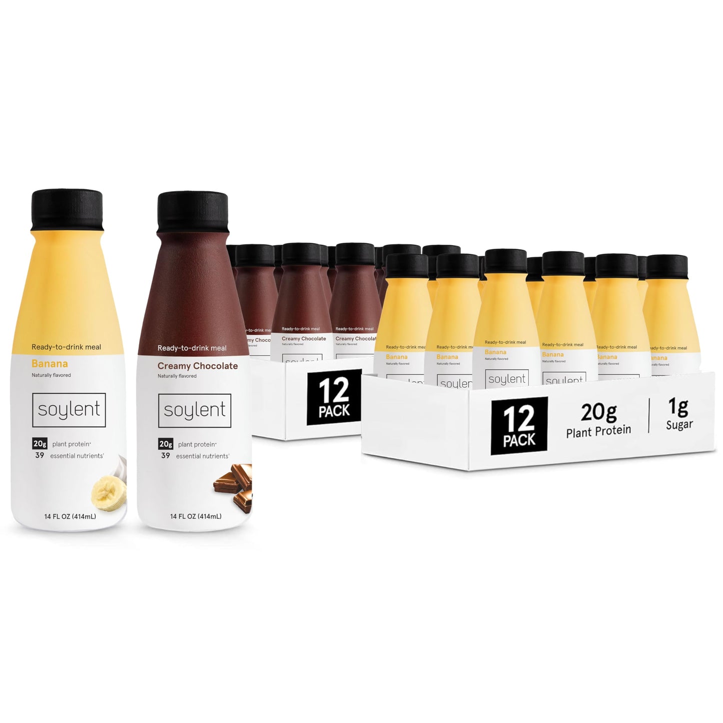 Soylent Meal Replacement Shake Bundle - Banana and Creamy Chocolate Flavors - Two 12-packs of 14 oz bottles - 24 total