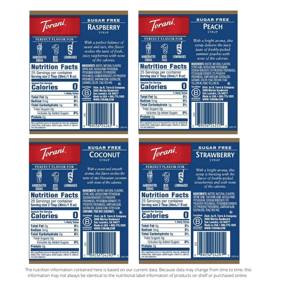 Torani Sugar Free Flavored Drink Syrup Soda Flavors Variety Pack, Raspberry, Coconut, Strawberry & Peach, 25.4 fl oz, (Set of 4)