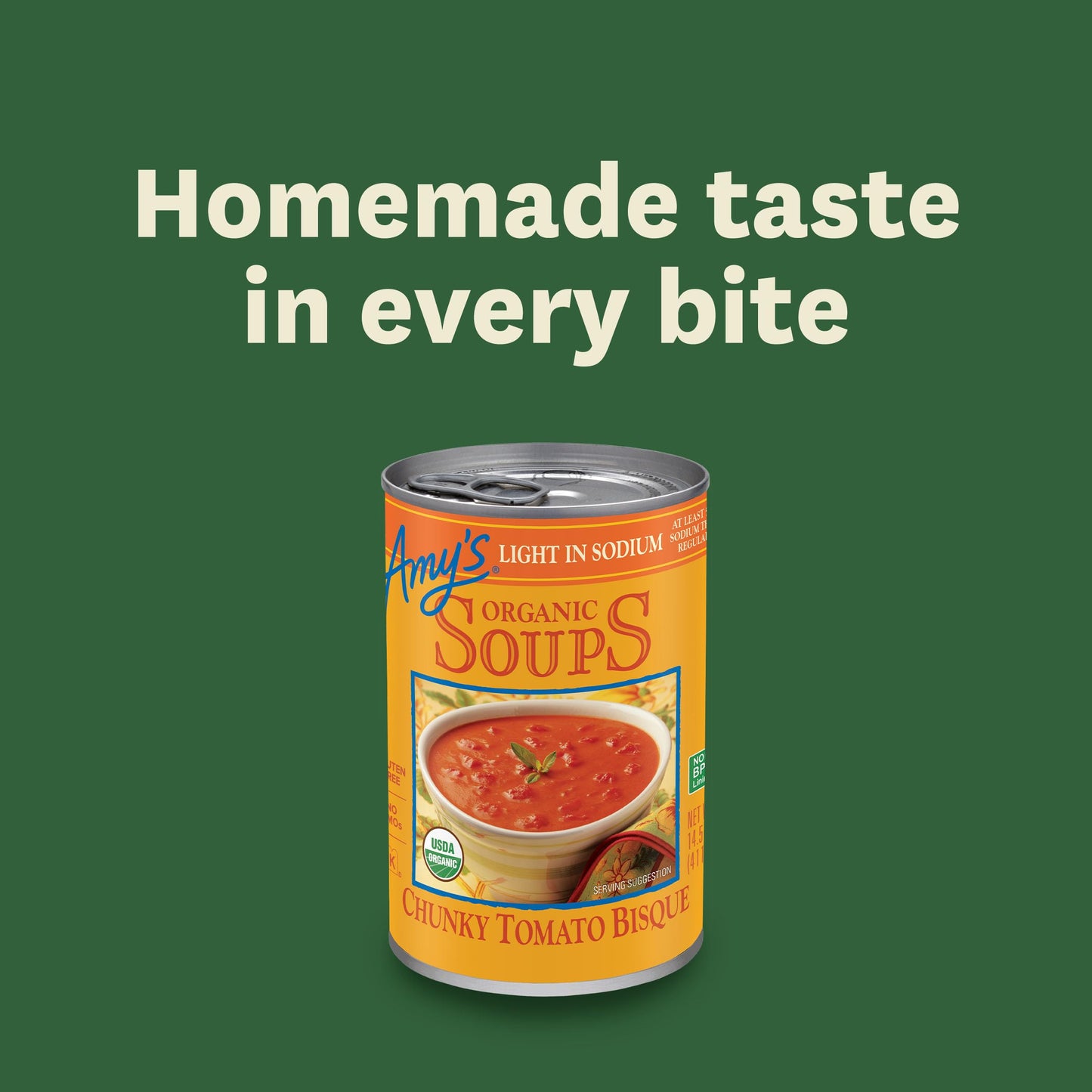 Amy’s Soup, Chunky Tomato Bisque Canned Soup, Light in Sodium, Gluten Free, Made With Organic Tomatoes and Cream, 14.5 Oz (6 Pack)
