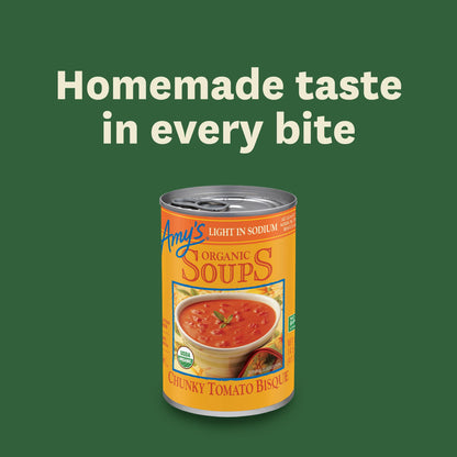 Amy’s Soup, Chunky Tomato Bisque Canned Soup, Light in Sodium, Gluten Free, Made With Organic Tomatoes and Cream, 14.5 Oz (6 Pack)