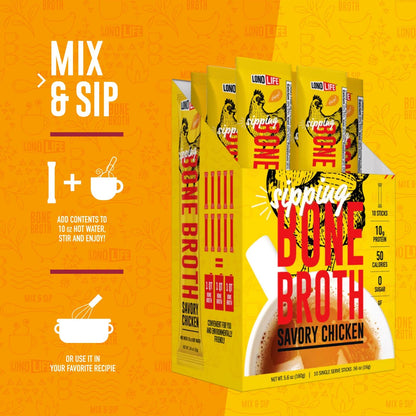 LonoLife Low Sodium Chicken Bone Broth Powder Mix | 10g Protein | Collagen-Rich, Keto & Paleo Friendly | Natural Ingredients | 10 Portable Stick Pack Servings