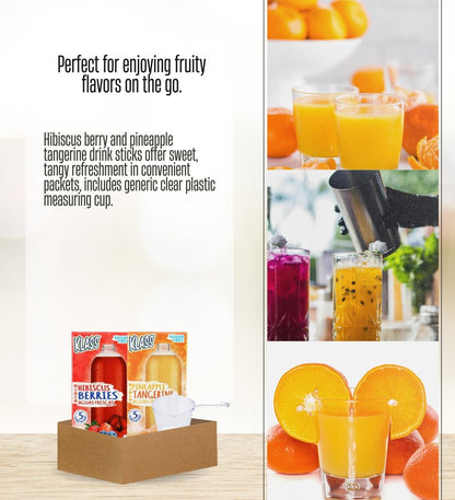 Klass Aguas Frescas – Klass Bev Stk Hibiscus Berry 10Ct, 0.7 OZ & Pineapple Tangerine 10Ct, 0.7 OZ Bundle with Measuring Cup – Flavored Drink Mix Sticks for Easy Mixing – Gift Set (3 Items)