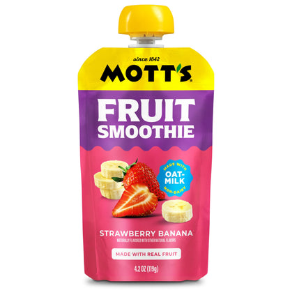 Mott’s Fruit Smoothies Strawberry Banana, 4.2 oz clear pouches, 8 Pack, Non-dairy, Made With Oatmilk, Made With Real Fruit, Good Source of Calcium, On-the-Go