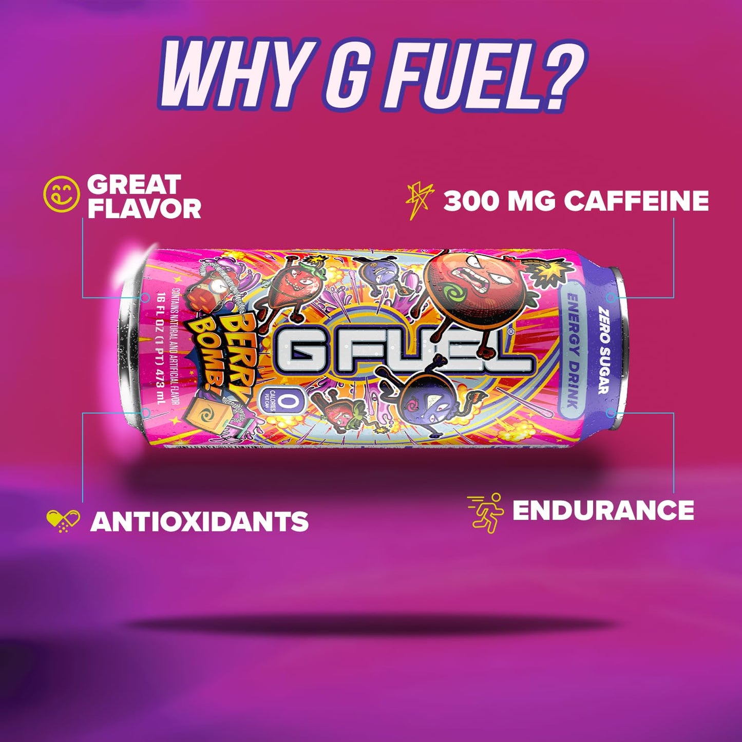 G Fuel Energy Drink, Berry Bomb, Sugar Free Carbonated Beverage with 300mg Caffeine, Daily Energy Boost with Focus Amino, Vitamin + Antioxidants, 16 oz Cans (Berry Bomb, 12-Pack)