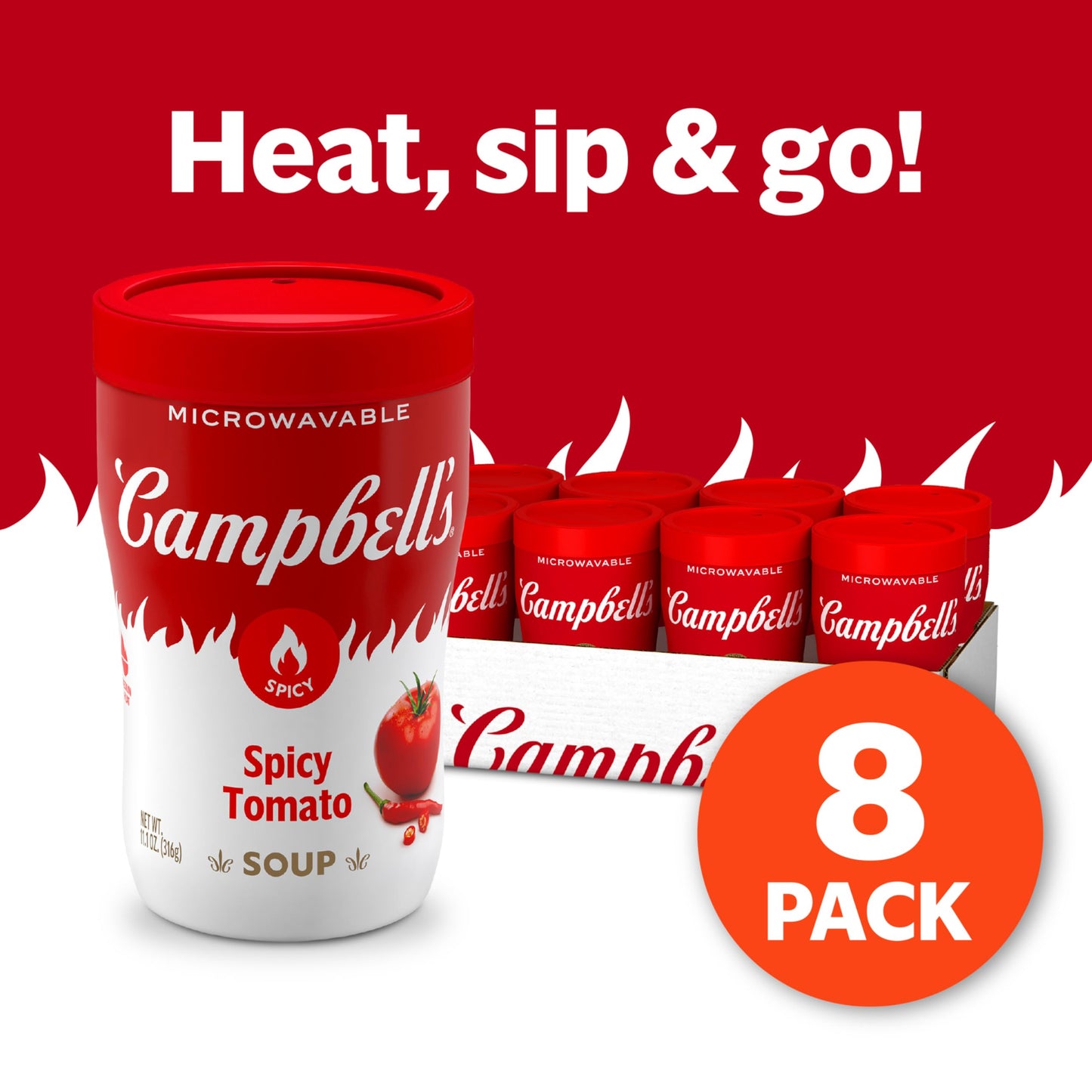 Campbell's Sipping Soup, Spicy Tomato Soup, 11.1 oz Microwavable Cup (Case of 8)