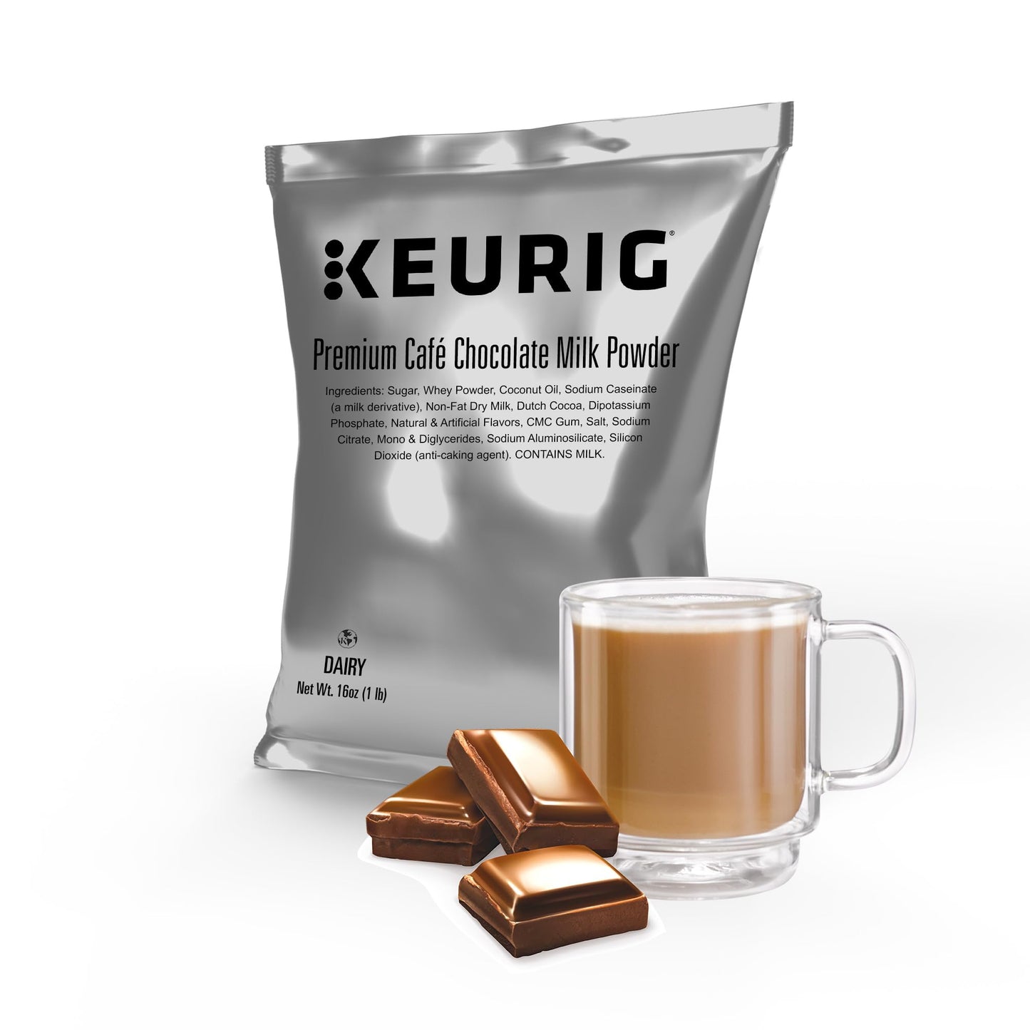 Keurig Premium Café Chocolate Milk Powder, 1lb Bag, Specialty Beverage Mix for Lattes & Mochas, Makes about 30 Drinks, For Keurig Commercial Brewers, Contains Real Milk, 12 Pack