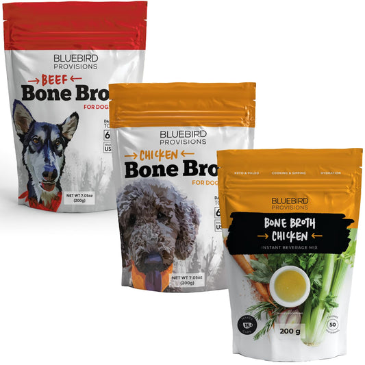 Bluebird Provisions Bone Broth Powder Bundle - Chicken Bone Broth Powder and Beef Bone Broth Powder - Bone Broth for Dogs - Human Bone Broth - 3 Pouches