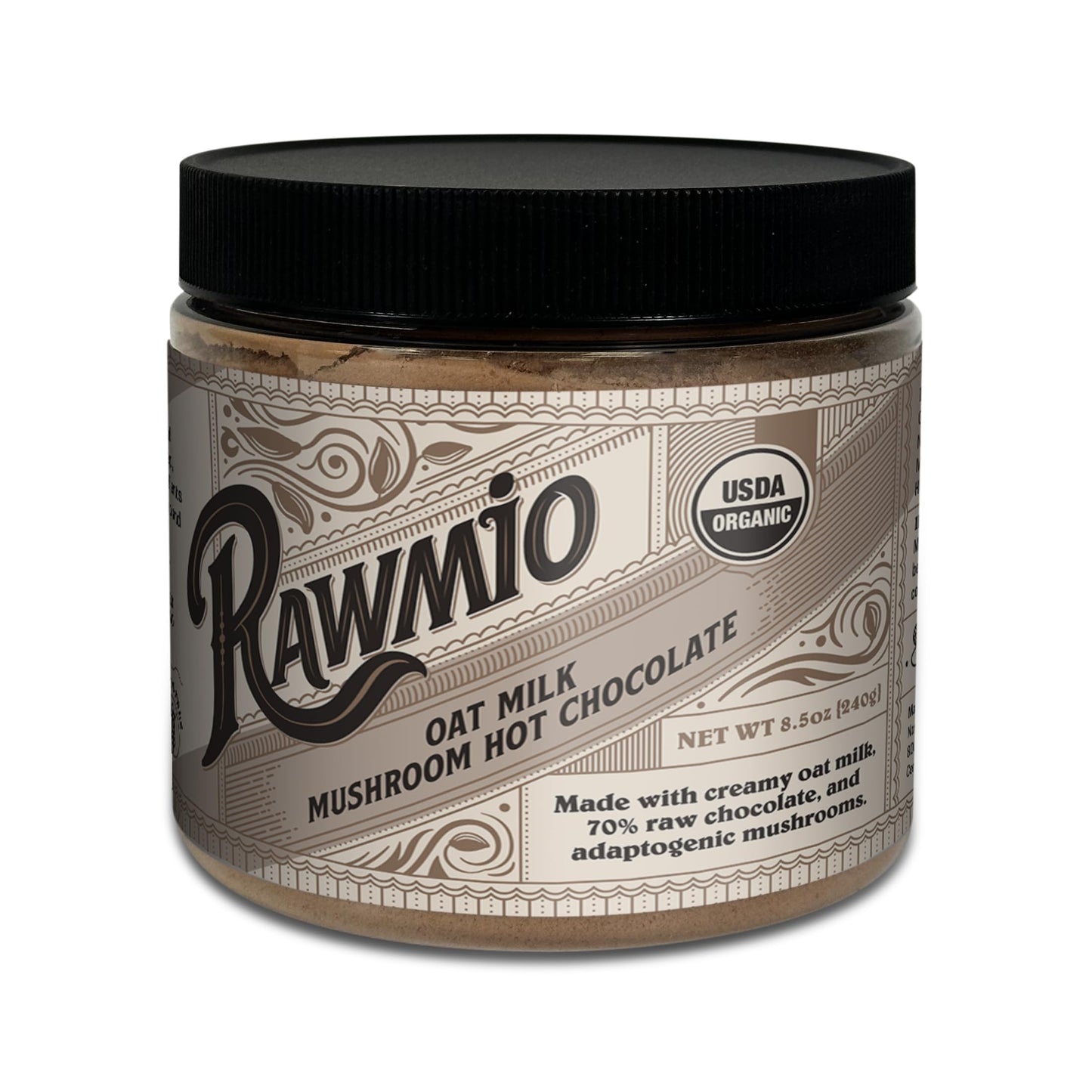 Rawmio Oat Milk Mushroom Hot Chocolate - Vegan, Kosher, Low-Fat and Gluten-Free | Pack of 1 | 8.5 oz