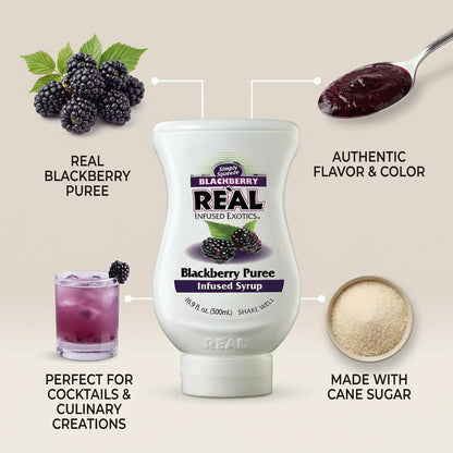 Blackberry Real Infused Exotics Syrup – 16.9 fl oz Bottle – Drinks and Desserts – Puree Fruit and Blackberries with Food Bag Clips