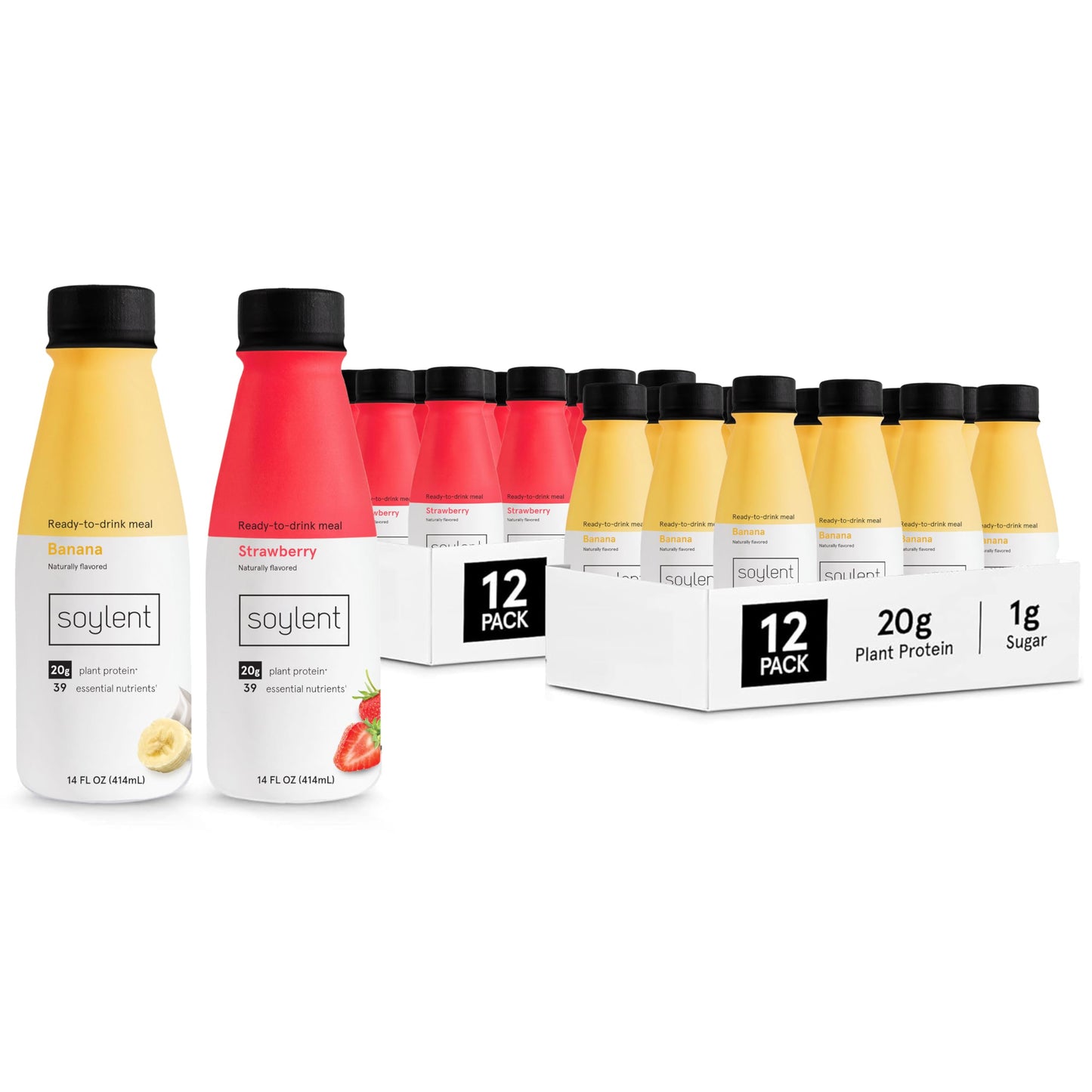 Soylent Meal Replacement Shake Bundle - Strawberry & Banana Flavors - Two 12-packs of 14 oz bottles - 24 total