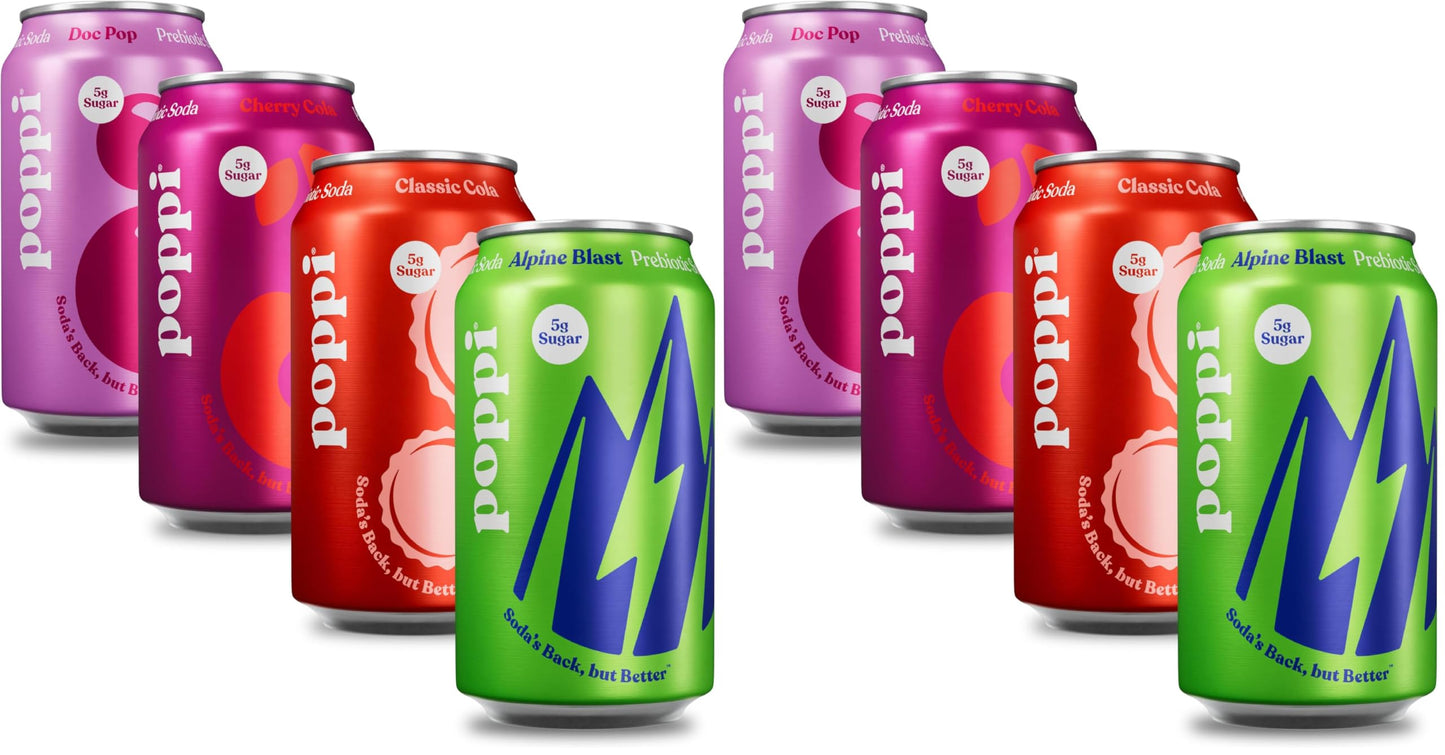 Poppi Sparkling Prebiotic Soda Beverage with Apple Cider Vinegar,Seltzer Water and Fruit Juice,Soda Staples Variety Pack,12 FL Oz,Packaging May Vary,(Pack of 24)