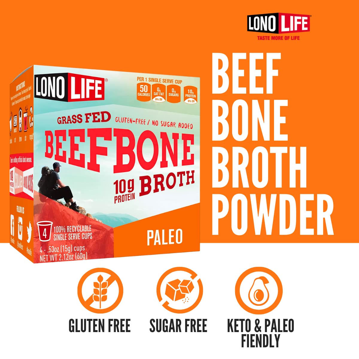 LonoLife Beef Bone Broth Powder Mix | Grass-Fed, 10g Protein | Collagen-Rich, Keto & Paleo Friendly | Natural Ingredients | 10 Single-Serve Cups