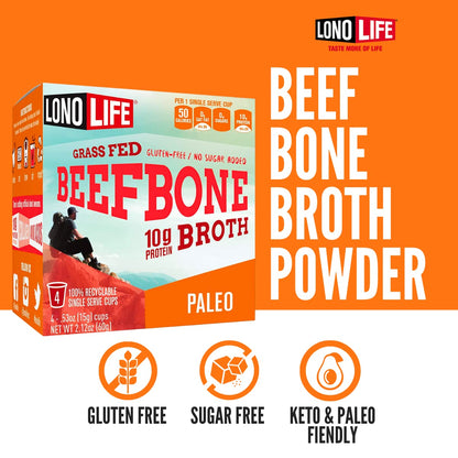 LonoLife Beef Bone Broth Powder Mix | Grass-Fed, 10g Protein | Collagen-Rich, Keto & Paleo Friendly | Natural Ingredients | 10 Single-Serve Cups