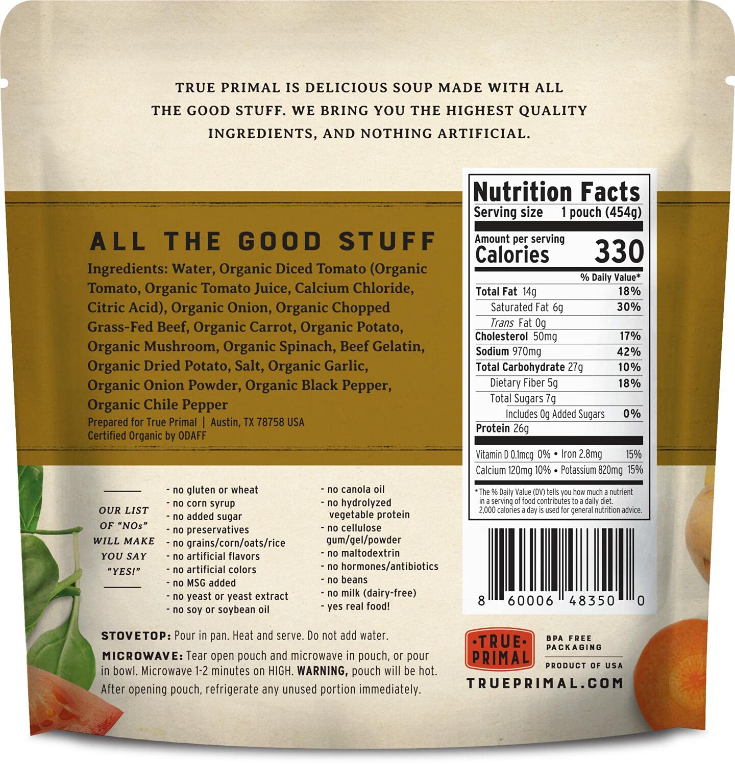 True Primal Hearty Beef Organic Soup 8-pack, Ready to eat, Gluten free, Paleo, Grass-fed beef, Whole30, Keto