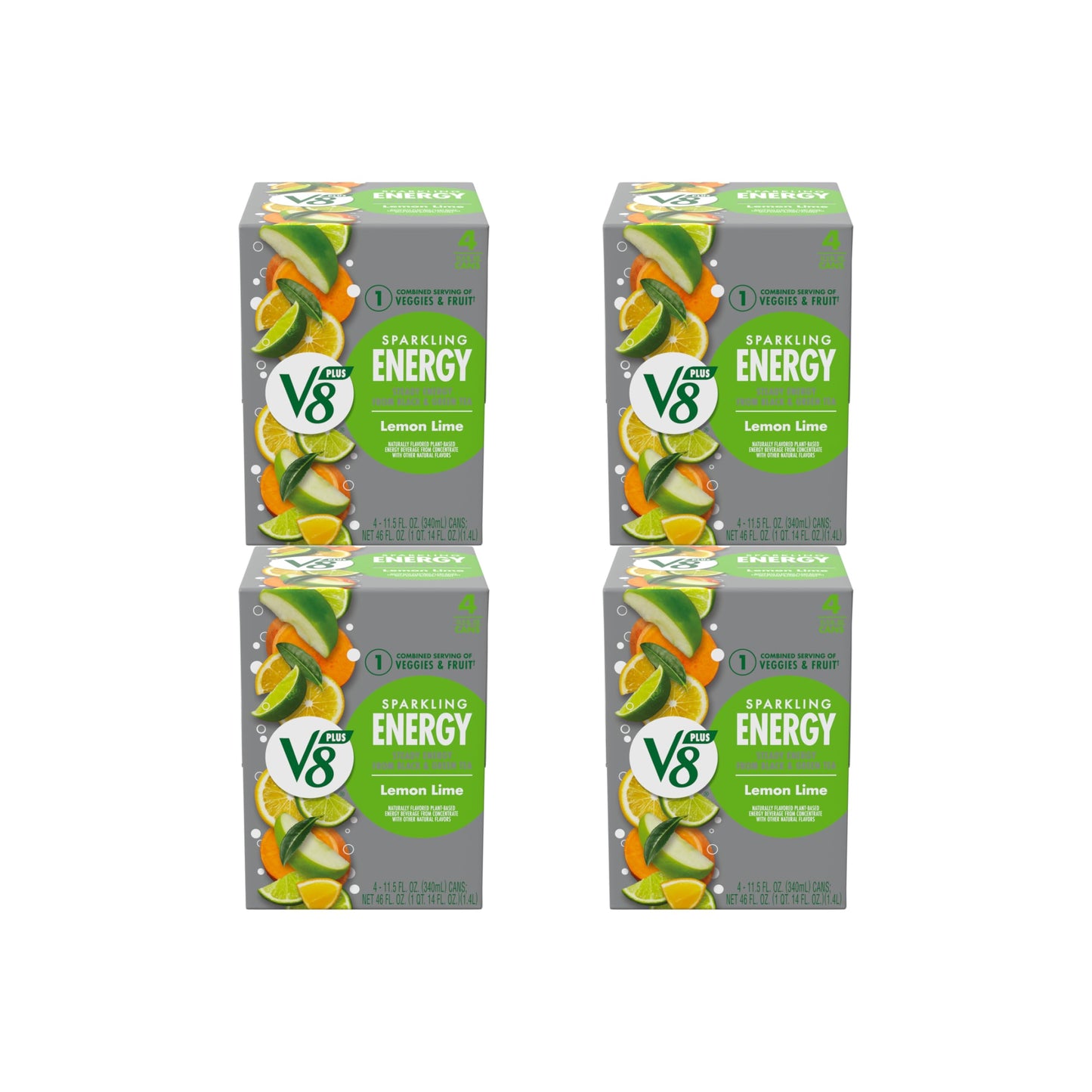V8 +Energy Sparkling Lemon Lime Juice Energy Drink, 11.5 fl oz Can (Pack of 16)