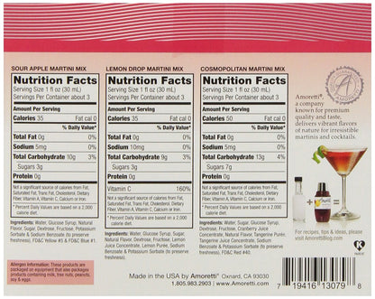 Amoretti Premium Martini Cocktail Mix Classic Minis (Cosmopolitan, Lemon Drop and Sour Apple), 3.4 Fl Oz (Pack of 3)