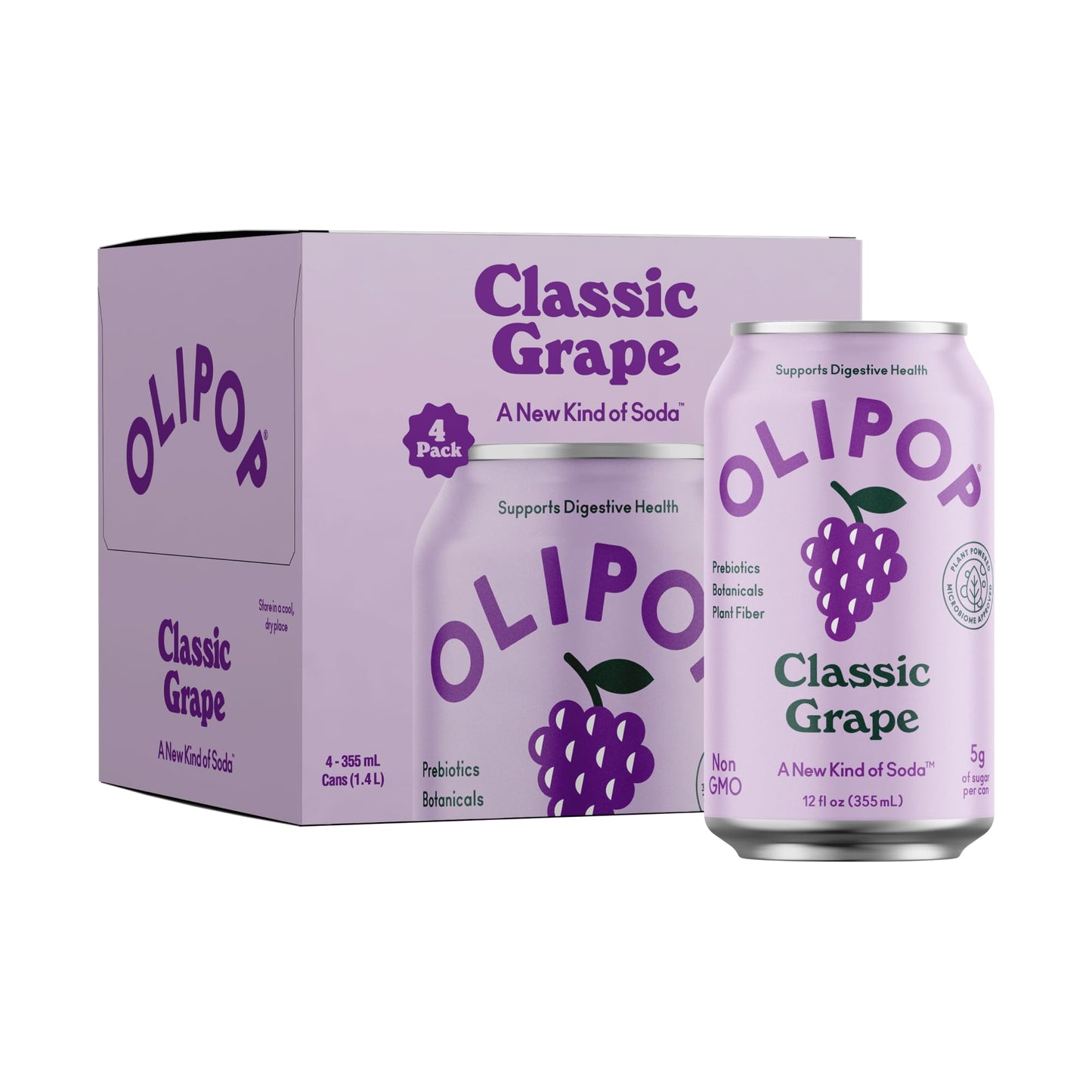 OLIPOP Prebiotic Soda Pop, Classic Grape, Prebiotics, Botanicals, Plant Fiber, 12 fl oz (4 Cans)