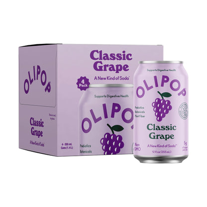OLIPOP Prebiotic Soda Pop, Classic Grape, Prebiotics, Botanicals, Plant Fiber, 12 fl oz (4 Cans)
