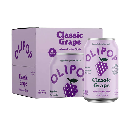 OLIPOP Prebiotic Soda Pop, Classic Grape, Prebiotics, Botanicals, Plant Fiber, 12 fl oz (4 Cans)